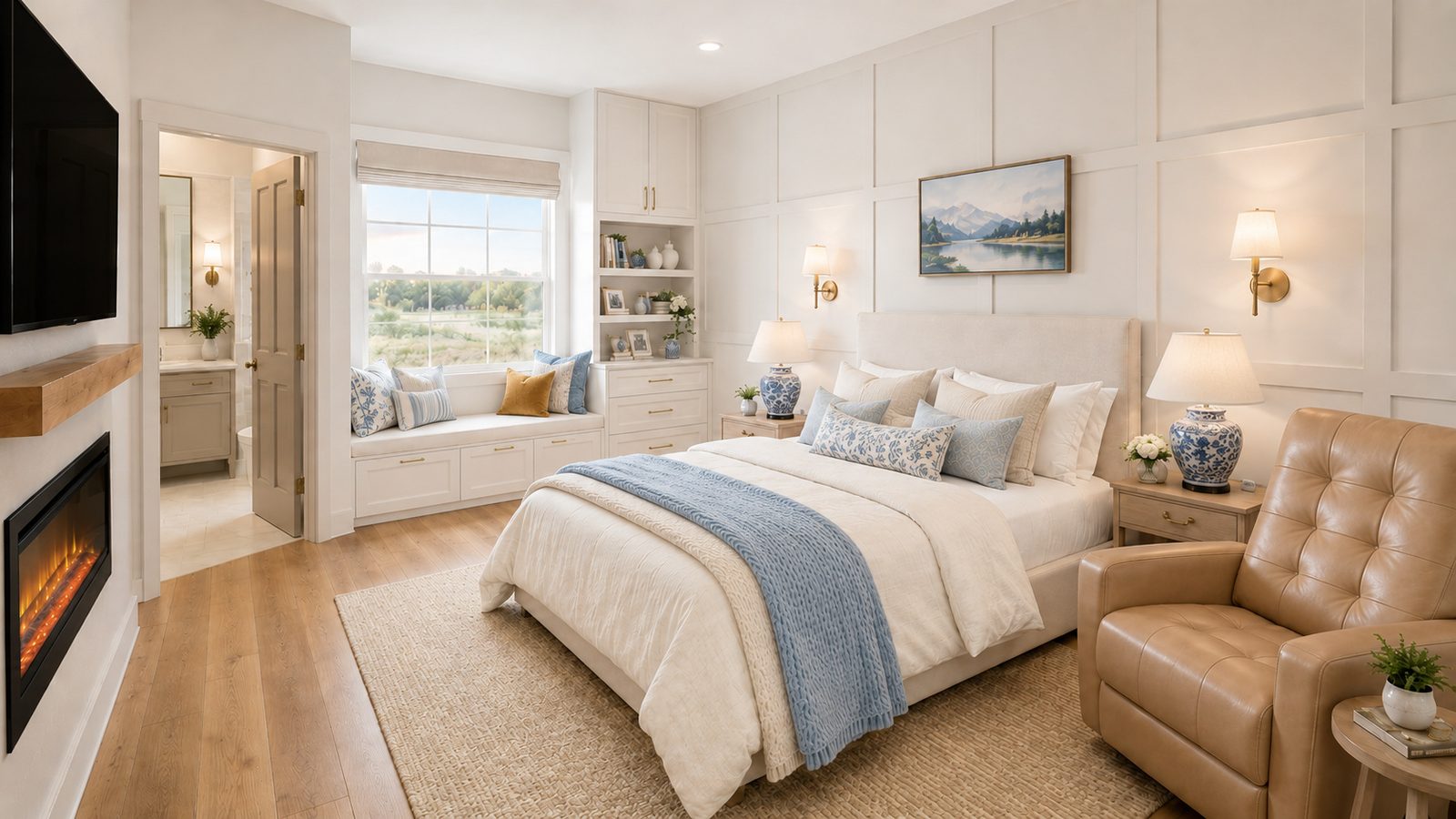 A private bedroom suite with fireplace, window seat, and en-suite bath