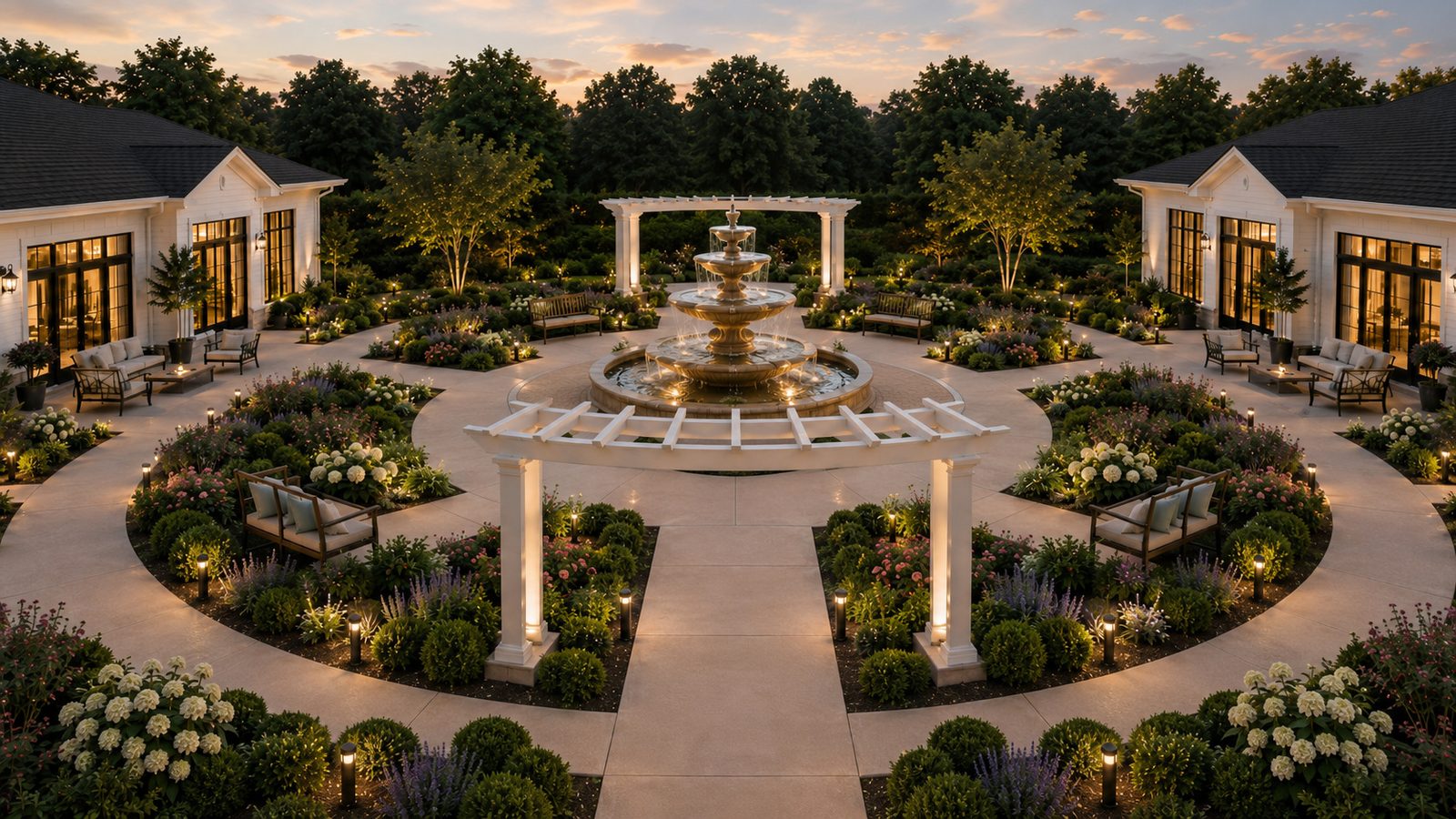 The central courtyard at dusk — tiered fountain, pergolas, and glowing windows