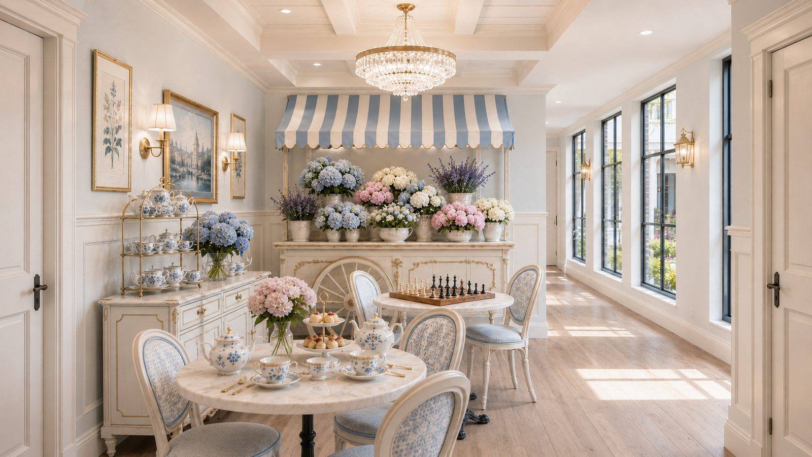 The Vintage Tea and Game Room with striped awning and flower cart