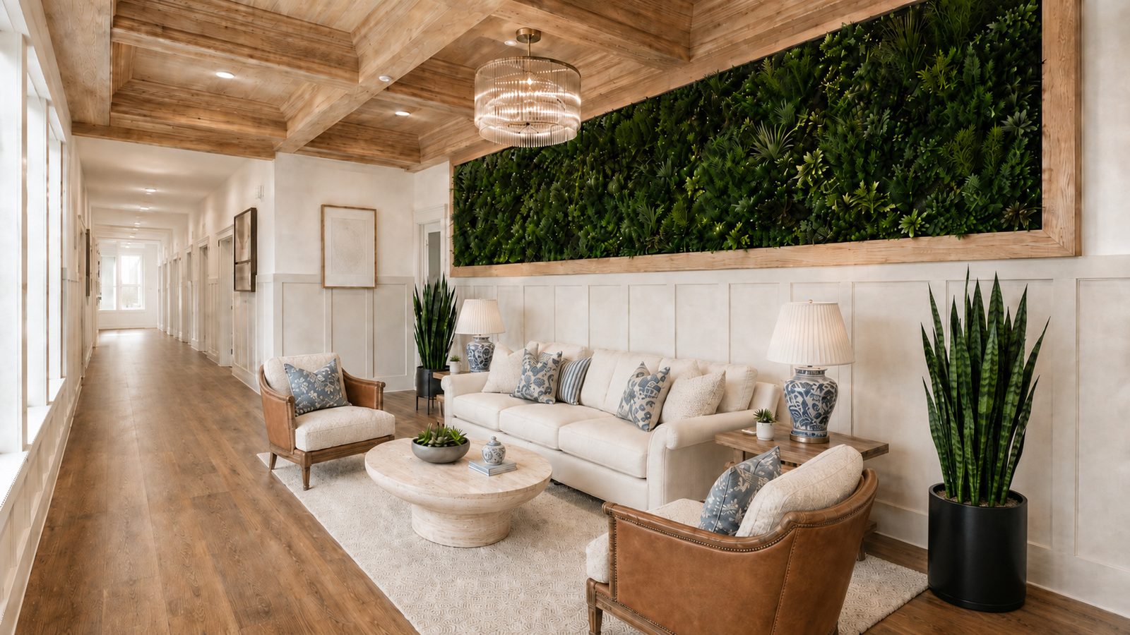 The Garden Room — living plant wall beneath white-oak coffered ceilings