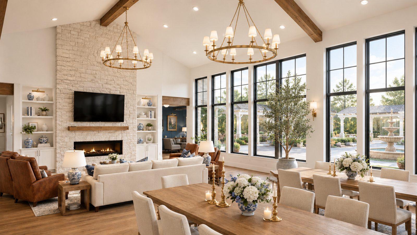 The Great Room — vaulted ceiling, stone fireplace, and farm dining tables