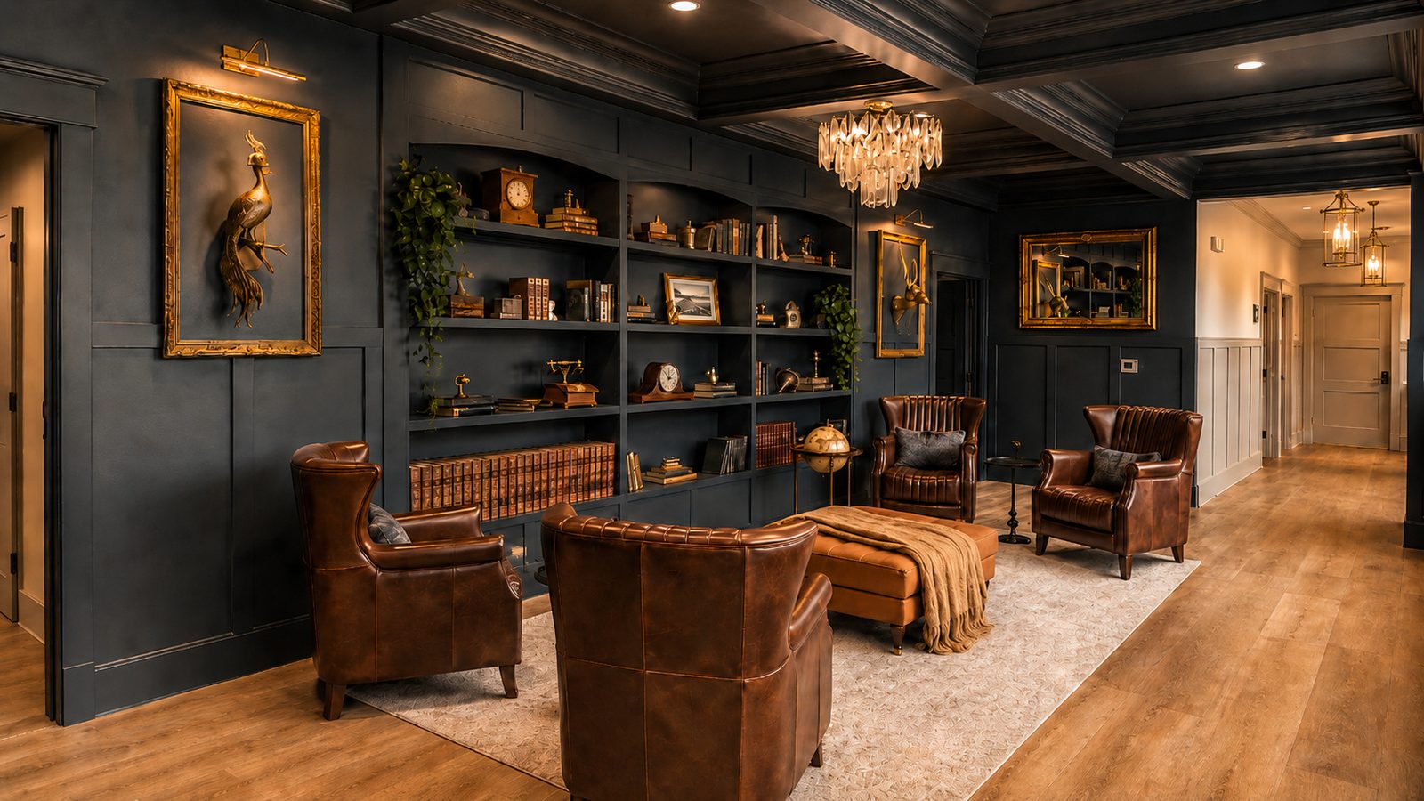 The Library — deep navy walls, arched bookshelves, leather club chairs